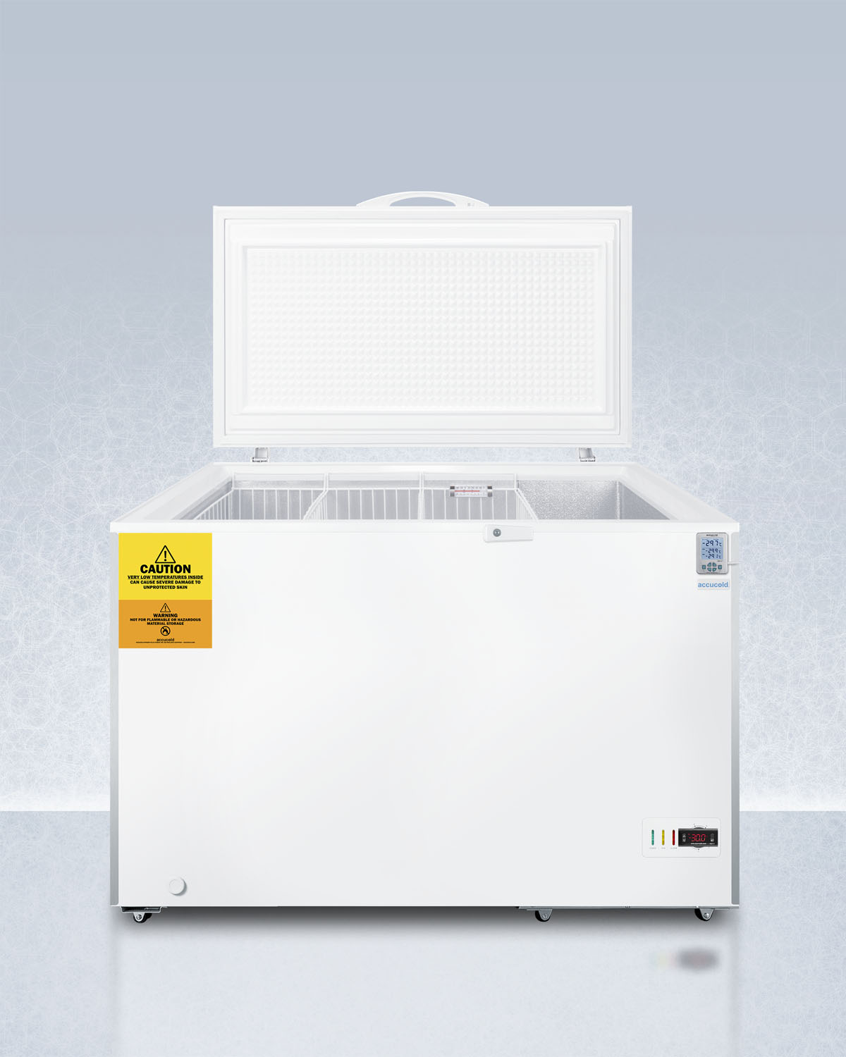 -30 C laboratory 12.1 cu.ft. chest freezer with stainless steel corner guards, NIST calibrated thermometer with alarm, and lock